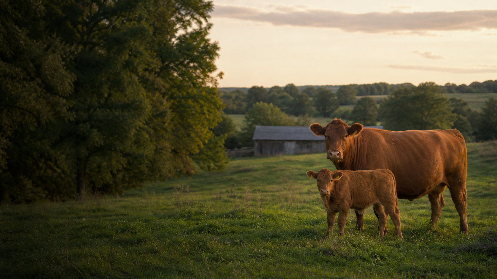 A red beef cow and calf in a peaceful Ontario pasture
