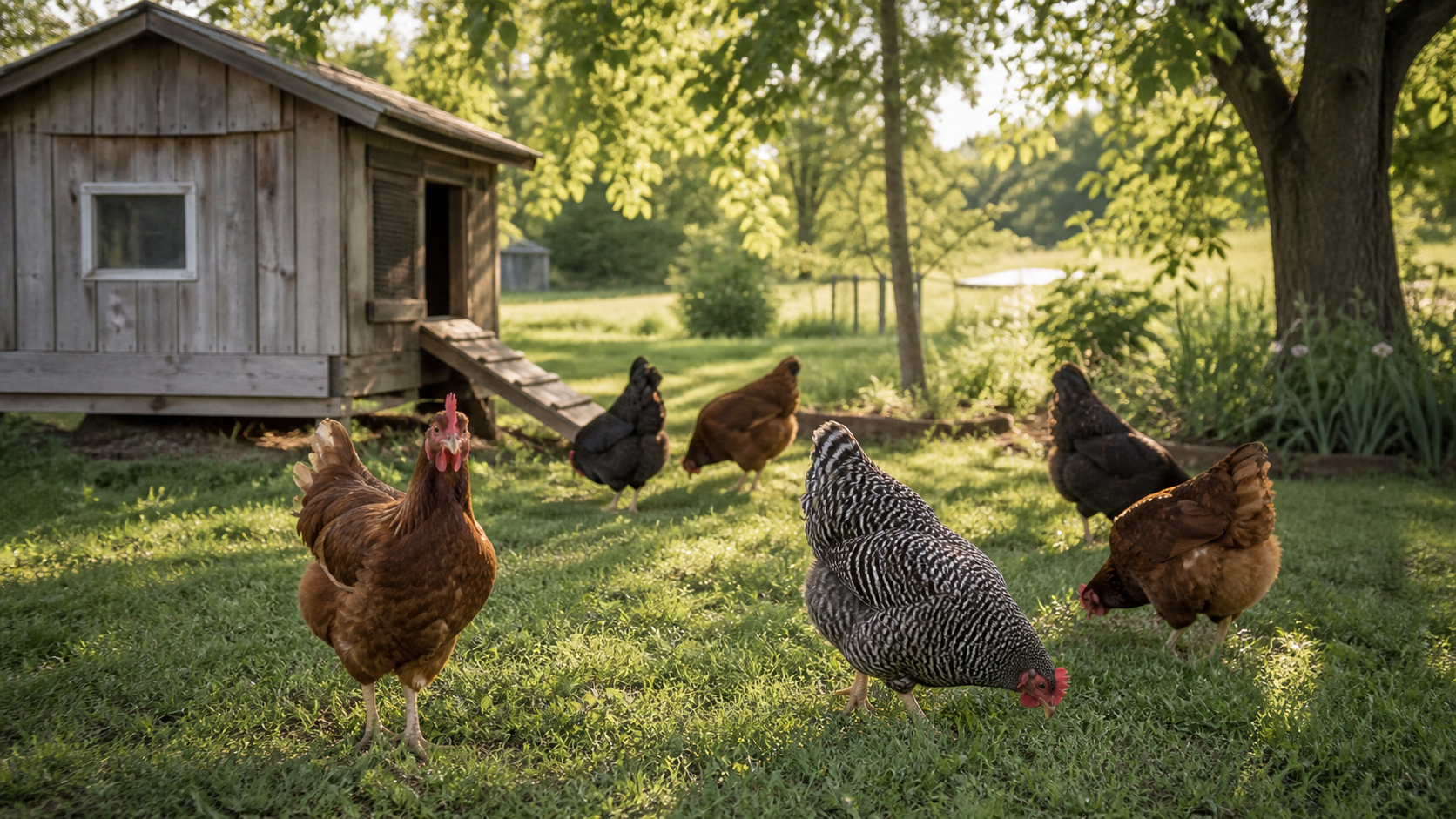 A mixed flock of laying hens foraging beside a wooden backyard coop