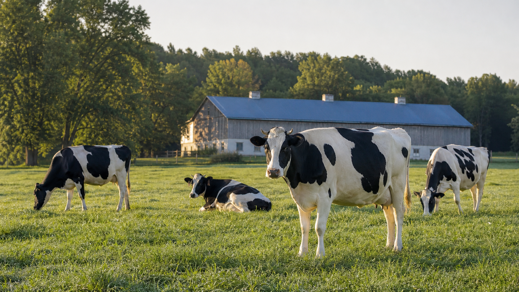 Holstein dairy cows resting comfortably in an open Ontario free-stall barn